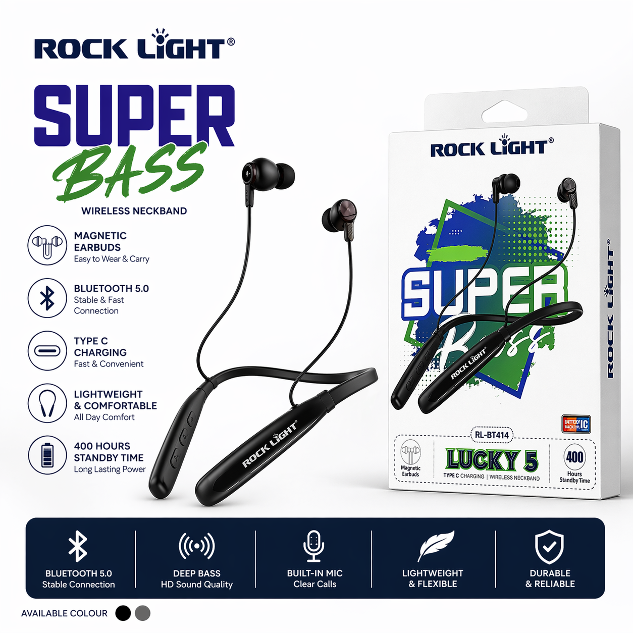 Rocklight RL-BT414 Lucky 5 Wireless Neckband – Super Bass Edition