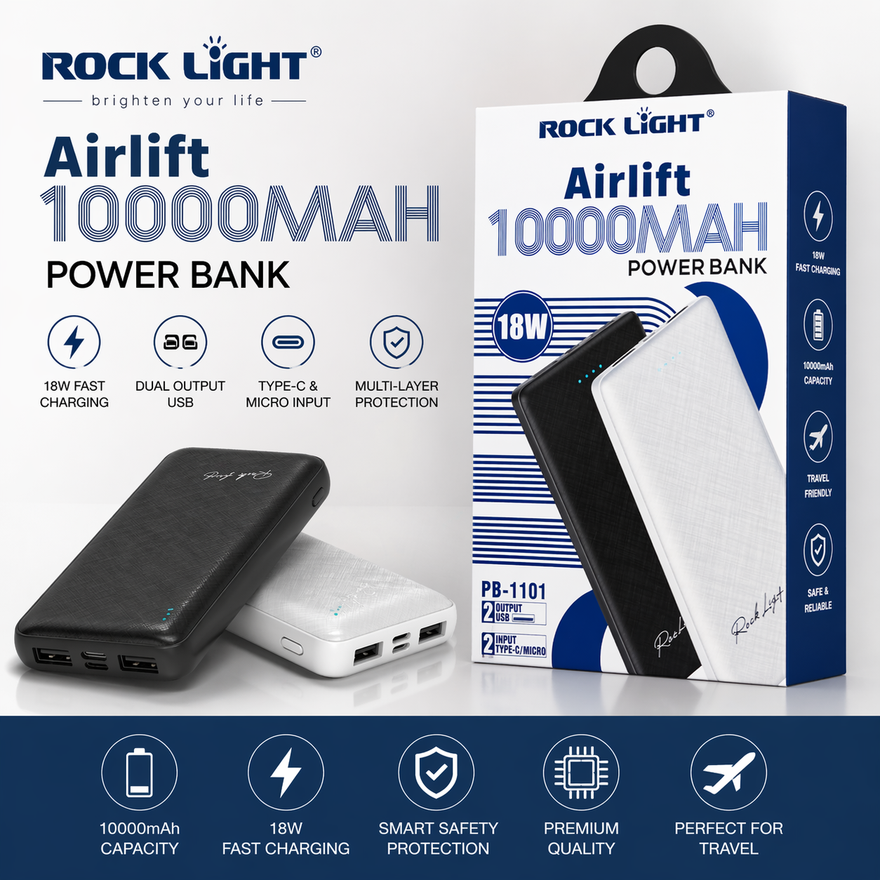 Rocklight PB-1101 Airlift 10000mAh Power Bank – 18W Fast Charging